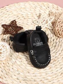 1 Pair Newborn Infant Boy's Solid Color PU Slip-On Soft Sole Breathable Lightweight Casual Sports Shoes, Simple And Comfortable, Suitable For Spring And Autumn (0-3 Months) - Black - View 4