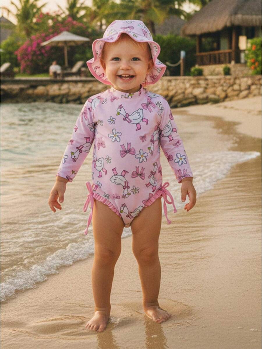 Toddler Baby Girl Silly Goose Swimsuit Floral Bow Print Long Sleeve Rash Guard And Hat 2 Piece Infant Bathing Suits Swimwear - Pink - View 1
