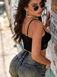 Vexica 女士复古奢华蕾丝镂空吊带背心，带衬垫的短款文胸，适合鸡尾酒会、晚宴和正式场合穿着。 - 黑色 - 查看 2