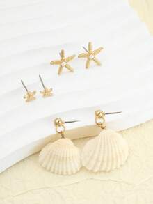 夏季新款波西米亚度假风海星、贝壳和海螺耳环三件套，适合女孩佩戴（海螺并非唯一款式） - 彩色 - 查看 4