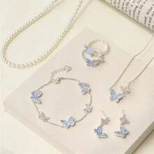 Blue Color Crystal Butterfly Jewelry Set Adjustable Bracelet Earrings Necklace Ring For Women Handmade Jewelry Gift - NC24Y0820-1 - 查看 1