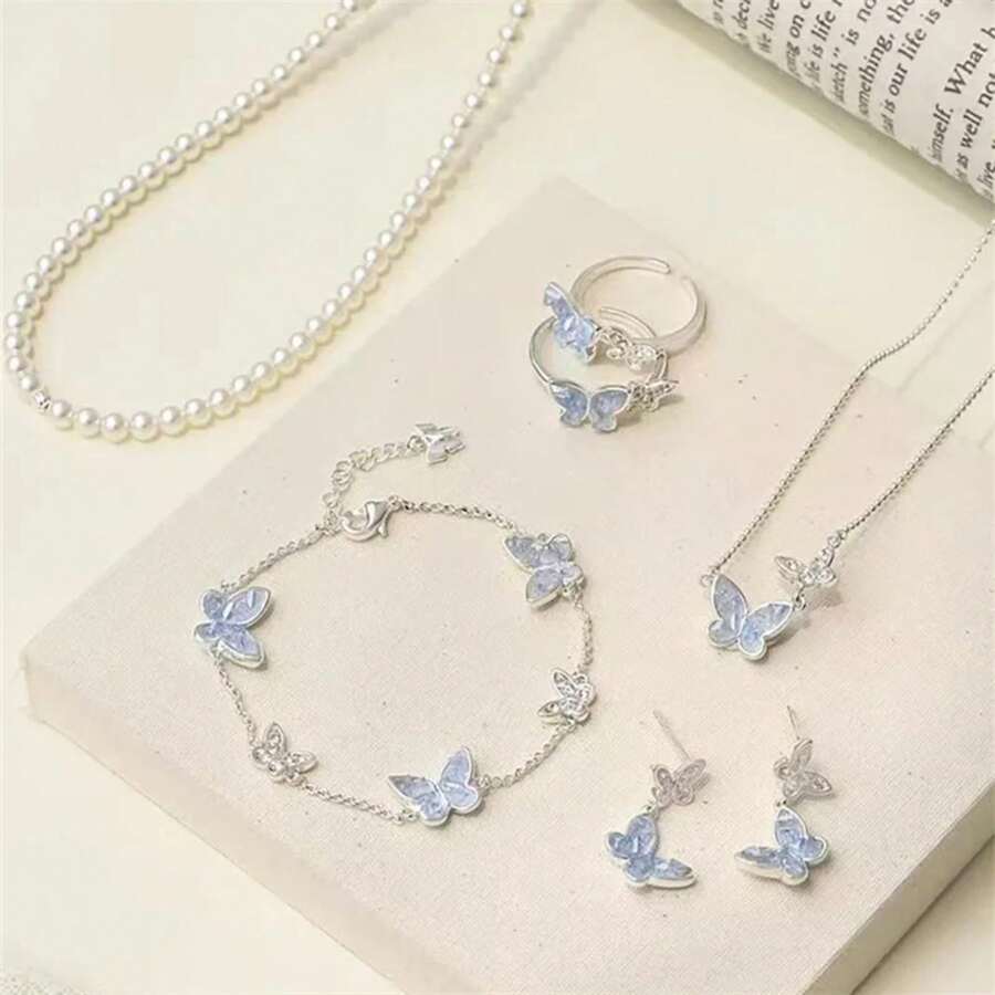 Blue Color Crystal Butterfly Jewelry Set Adjustable Bracelet Earrings Necklace Ring For Women Handmade Jewelry Gift - NC24Y0820-1 - 查看 1