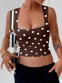 SDNGED2026 Women's Solid Color Double-Layer Ruffle Square Neck Camisole, Polka Dot Print, Versatile, Spring/Summer Casual - Polka Dot Brown - View 3