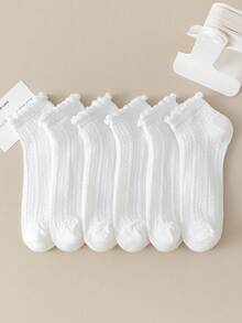6 Pairs Women Short White Socks, Casual Cute All Season Versatile Socks With Cable Knit Design, Suit For Spring/Summer - White - View 5