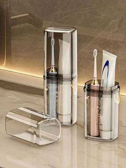 便携式旅行皂盒和牙刷架套装 - 塑料材质，旅行杯收纳盒，可折叠亚克力水杯，轻巧奢华皂盒，密封盖排水迷你皂盒，椭圆形，露营、健身房和浴室必备配件，适合旅行、度假、返校、商务旅行、宿舍、露营。