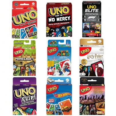 Mattel UNO彩色数字配对卡牌游戏套装，超级风火轮无情版和翻转版，8副主题牌，官方2-10人游戏