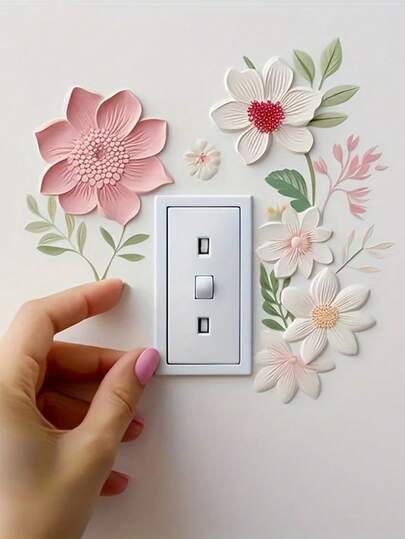 1 Set de Pegatinas Florales 3D Removibles, Pegatinas Removibles para Interruptores de PVC, Pegatinas Impermeables Adecuadas para Interruptores - Fáciles de Aplicar, Decoración de Sala de Estar, Pegatinas de Pared, Decoración de Habitación, Decoración Floral de Pared para Dormitorio Adecuada para el Hogar, Oficina, Decoración Interior de Primavera y Verano