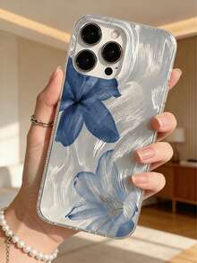 艺术蓝花银羽毛雪纺镜头保护软手机壳，兼容苹果手机：7P、XR、11、12、13、14、15、16 Pro Max、17 Pro Max、17 Pro、Air 17、S22、S23、S24、S24FE、S25、S25FE、S25 Ultra、A13、A14、A15、A16、A53、A54、A55、A56、A57 等。 - 黑色 - 查看 1