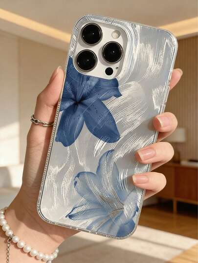 Artistic Blue Flower Silver Feather Chiffon Lens Protective Soft Phone Case, Compatible With Apple And Phones: 7P, XR, 11, 12, 13, 14, 15, 16 Pro Max, 17 Pro Max, 17 Pro, Air 17, S22, S23, S24, S24FE, S25, S25FE, S25 Ultra, A13, A14, A15, A16, A53, A54, A55, A56, A57 Etc.