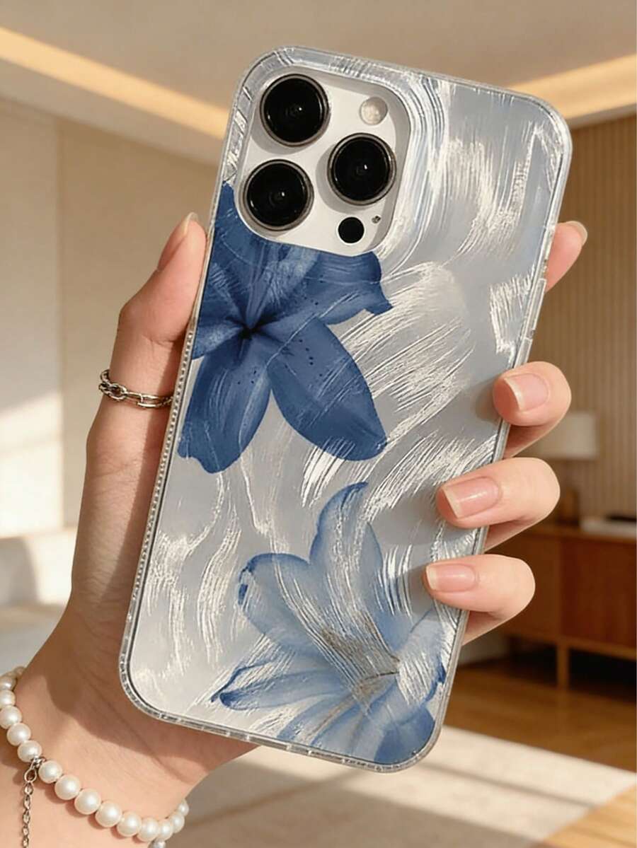 艺术蓝花银羽毛雪纺镜头保护软手机壳，兼容苹果手机：7P、XR、11、12、13、14、15、16 Pro Max、17 Pro Max、17 Pro、Air 17、S22、S23、S24、S24FE、S25、S25FE、S25 Ultra、A13、A14、A15、A16、A53、A54、A55、A56、A57 等。 - 黑色 - 查看 1