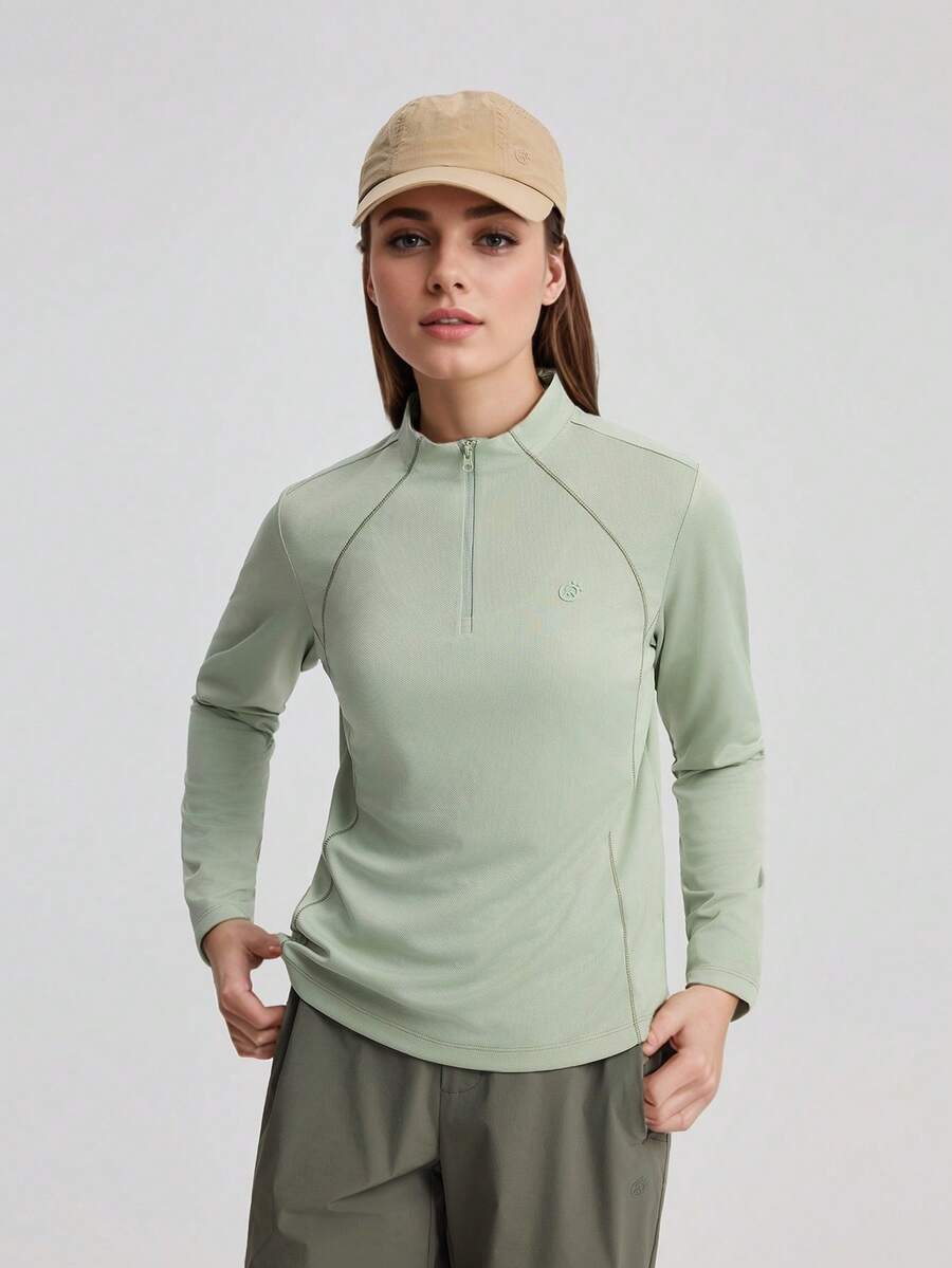 TECTOP Spring Summer Women's Long Sleeve Sports T-Shirt 1/4 Zipper Running Fitness Breathable Quick-Drying High Elasticity T-Shirt - 草綠色 - 查看 1