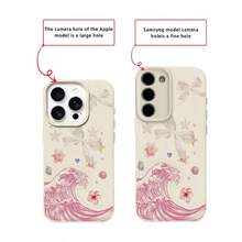 Ocean 1pc TPU Material Sweet Pink Wave Floral Starfish Bow Design Phone Case Compatible With IPhone 17 Pro Max/17/16 Pro Max/15/13/12/11, S20 FE/A15/S24/A55, Note 11/Note 12/Note 13 Pro, Full Coverage Anti-Drop Soft Protective Phone Cover - White - View 7