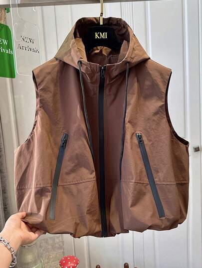 2026春秋新款女式撞色抽绳口袋拉链防风背心，时尚休闲套头无袖上衣