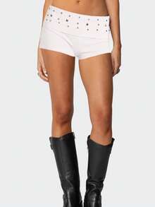 Women Y2K Studded Foldover Micro Shorts Vintage Low Waist Slim Fit Mini Shorts Boxer Short Party Clubwear - trắng - Xem 2