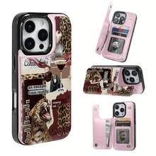 Cartera de Leopardo con Boca Abierta y Solapa Negra y Rosa, para iPhone 12, 13, 14, 15, 16, PRO, PROMAX, MINI, PLUS.Incluye ranuras para tarjetas de crédito y llaves, funda para teléfono móvil con billetera. - Rosa - Ver 4