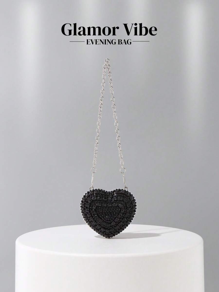Shiny Mini Heart-Shaped Black Diamond Evening Bag, Crossbody Bag Suitable For Formal Events, Parties, Weddings, Fashion Shoulder Bag, Birthday/Valentine's Day Gift - 黑色 - 查看 1