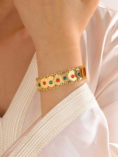 1pc Boho Style Copper Coin Rhinestone Decor Single Strand Bracelet, Women's Party & Wedding Accessory