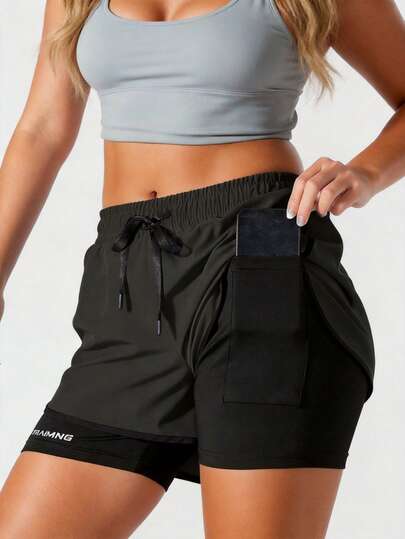 Women's Sports Shorts, Quick Dry Workout Shorts With Attached Undershorts, Suitable For Badminton, Cycling, Exercise, Running, Fitness And Other Outdoor Sports Black Summer