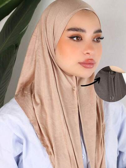 1pc Women's Solid Color Button Convenient Hijab, Button Anti-Slip Design Versatile Headscarf, Soft Comfortable Breathable Casual Headscarf, Can Be Worn Directly Convenient Headscarf, Casual Versatile Suitable For Daily Wear