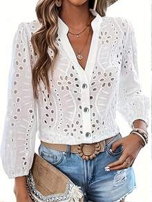 2026春夏新款女式衬衫，白色时尚优雅镂空衬衫 - 白色 - 查看 3