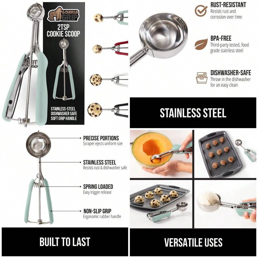 Premium StainlSteel, Spring-Loaded Scoop for Fruit, Cookie and Ice Cream, Easy Squeeze and Clean Release, Comfortable Handle, - Menta - Ver 1