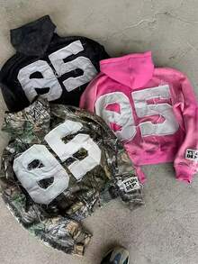 Y2K Grunge Varsity Letter Patch Zip-Up Hoodie Jacket - Puff Sleeve Oversized Pullover Sweatshirt With, Longline Casual Biker Outerwear For WoMen &, Year-Round Wear - Hồng - Xem 2