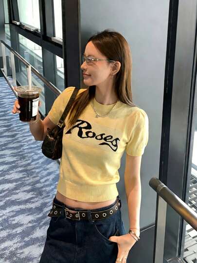 撞色字母针织短袖T恤，女士夏季百搭修身休闲圆领上衣