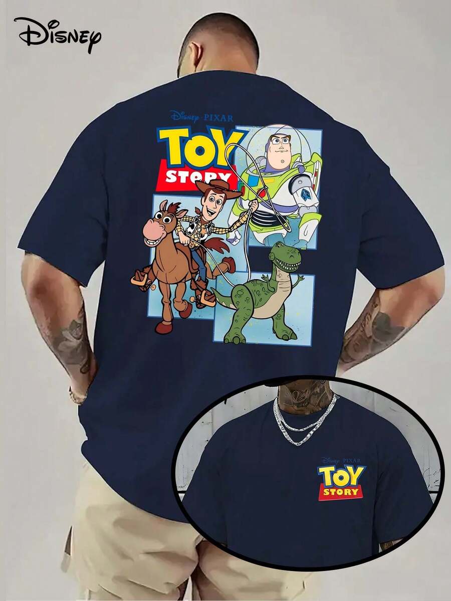 Disney Series & Toy Story Patterned Cotton T-Shirt-Woody And Buzz Lightyear Fun Linkage Pattern Printing, Casual Round Neck T-Shirt, Double-Sided Printed Design, Very Suitable For Disney Fans And Casual Clothes, Everyday T-Shirts With Interesting Patterns And Comfortable Styles. - 藏蓝色 - 查看 1