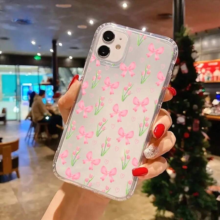 1pc Phone Case: Pink Cherry Bows Tulips Softgirl Aesthetic Clear Phone Case For 16 11 15 14 13 12 Pro Max XR Plus Case Coquette Transparent Phone Cover Birthday Christmas Gifts For Women Teen Girl Gifts Stuff Printed Phone Case Colored Charm-Free Valentine's Day Phone Cases Case 17 Pro Max Case 16 Case - 預設 - 查看 1