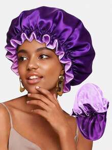 1 pieza Gorro de dormir para mujer extra grande de dos capas con ribete de encaje, gorro redondo, gorro para quimioterapia - Morado - Ver 2