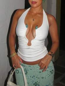 Women's Summer Vacation Beach Metal Sexy Ruched Halter Neck Crop Top - White - View 1