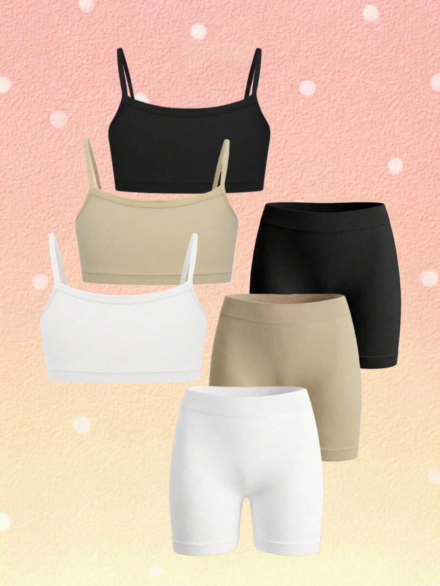 Set de 6 piezas de sujetador camiseta sin acolchado de unicolor cómodo y suave, y bragas de cintura elástica, adecuado para escuela, deportes, vacaciones diarias y uso en la playa en verano, para adolescentes y niñas - Multicolor - Ver 1