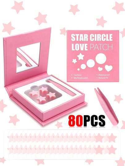80片可爱星星贴纸 - 面部贴纸，不含酒精，无香料，温和亲肤，易于粘贴，防水，粉色星星贴纸，非常适合派对装饰，可作面部宝石点缀，包含化妆镜和塑料镊子，适用于化妆、装饰、旅行、卧室、摄影，是面部彩绘的必备品，理想的化妆配件。每张4/40片。