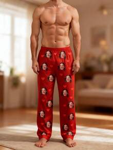 Individuelle Foto-Pyjamahose - Personalisierte Haustier-Pyjamahose für Herren und Damen - Paar-Gesicht-Pyjama Geschenk für Ehemann. Perfektes Geschenk für Ehemann/Ehefrau zur Hochzeit - Rot - Übersicht 6