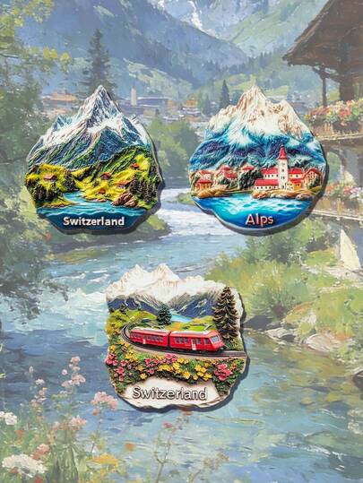 1pc 3D Swiss Snowy Mountain Fridge Magnet, Glacier Express / Scenic Town Landscape Magnetic Sticker, 3D Painted Travel Souvenir Magnet, Creative Unique High-End Home Decor Fridge Magnet, 3D Embossed Resin Crafted PVC Fridge Magnet, Creative Kitchen Decor, Famous Scenery Magnet, Travel Lover Home Decor Gift