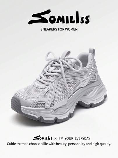 somiliss 2026新款女士休闲运动鞋，正面系带，皮革与织物拼接，舒适柔软厚底运动鞋，6厘米厚底，低帮户外步行鞋，银色