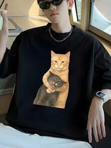 Camiseta lavable de 230g con estampado de momento de discusión entre gatos, camiseta de marca de moda retro batik de alta calidad, camiseta de hombre, camiseta de verano para hombre, regalo - Blanco - Ver 5