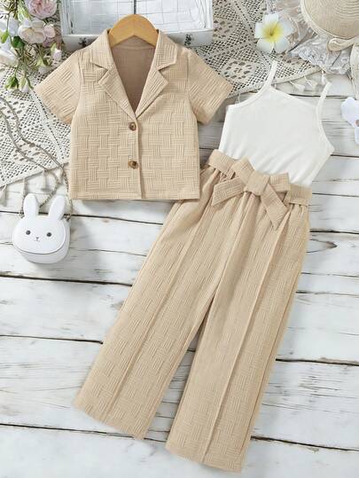 4pcs/Set Young Girls Summer New Solid Color Camisole + Fashionable Jacquard Shirt Casual Outfit With Belt, Suitable For Outdoor Wear