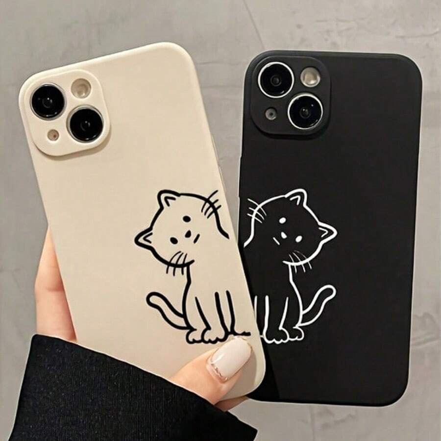 2件套 时尚TPU软边条纹猫咪设计手机壳，情侣礼物 - 古董白色+黑色 - 查看 1