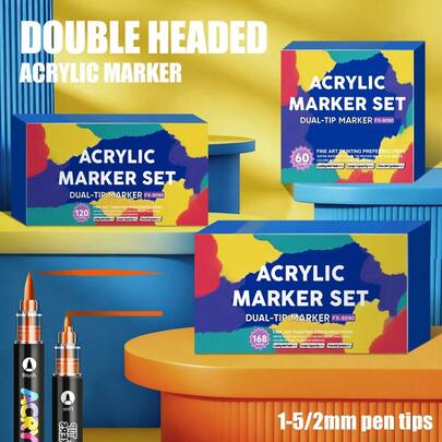 12/24/36/48/60/72/120/168 Pcs Acrylic Marker Pen Set, Dual-Tip Liquid Ink Markers, 160 Colors With Soft & Hard Nibs, Quick-Drying, Art Supplies For Rock Painting, Canvas, Stone, Glass, DIY Crafts, School Use
