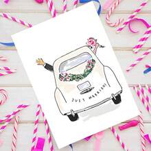 1张精美婚礼贺卡（含信封） - 经典汽车插画，通用贺卡，适合新郎新娘，也是一份合适的婚礼祝贺礼品卡 - 彩色 - 查看 3