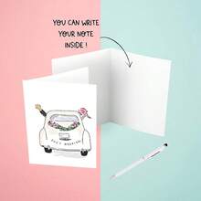 1张精美婚礼贺卡（含信封） - 经典汽车插画，通用贺卡，适合新郎新娘，也是一份合适的婚礼祝贺礼品卡 - 彩色 - 查看 5