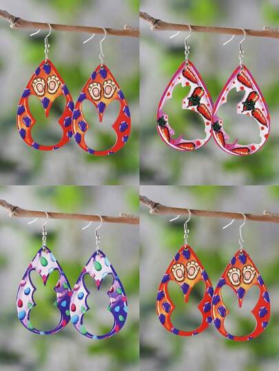 1 par de pendientes de gota de agua hueca con diseños vintage de conejo de Pascua, huevo, zanahoria y huella de pata, pendientes de Pascua de madera de doble cara como regalo
