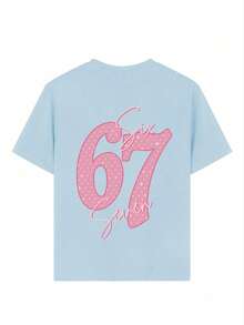 Tween Girl Star Element Six Seven 67 Cartoon Print T-Shirt, Suitable For Girls Outdoor Sports, Casual Wear, Street Style, Campus Style, Fashionable Girls Spring/Summer Versatile Top - Baby Blue - View 7