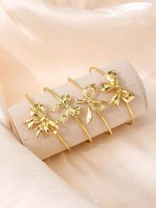 4件套金色蝴蝶结开口手镯套装，法式时尚百搭手链配饰，女士 - 金色 - 查看 3
