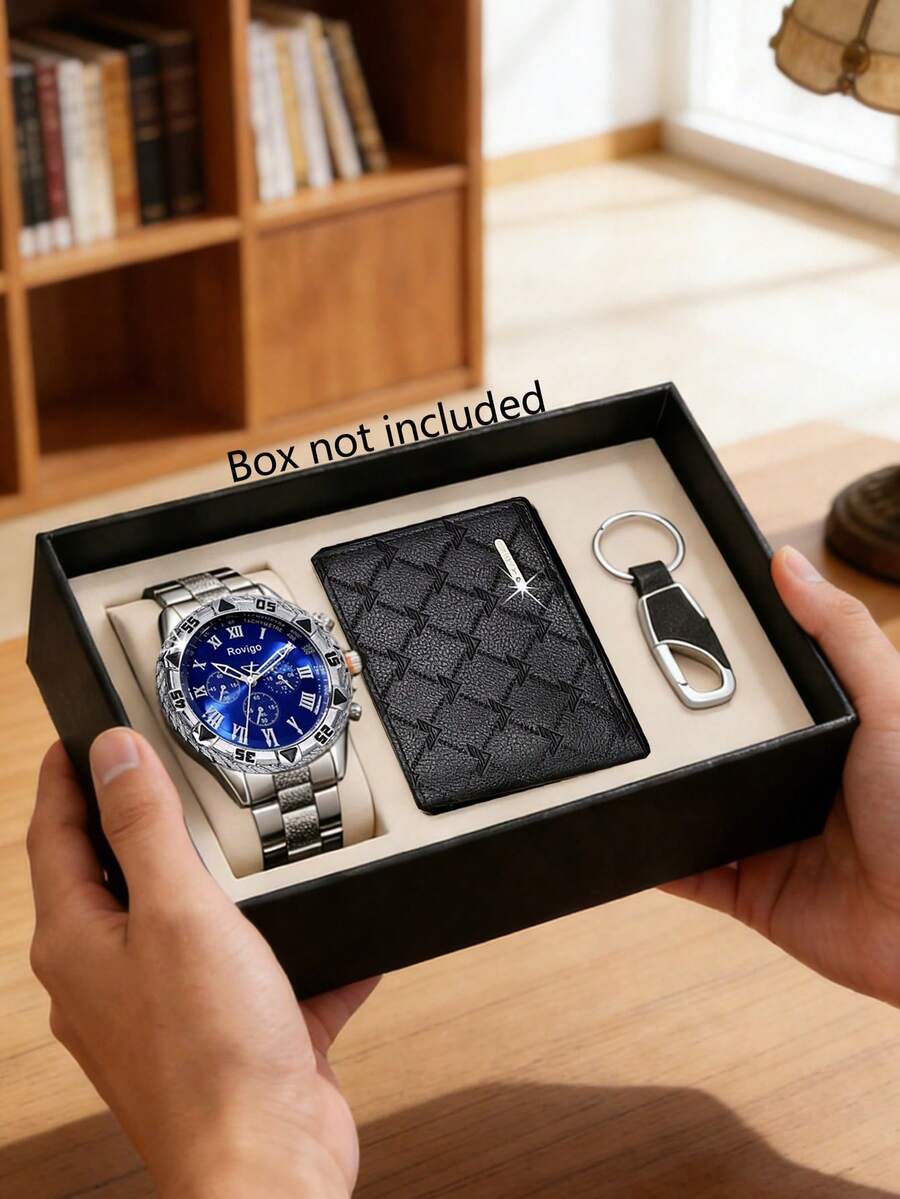 3 Stücke Herren Business Luxus Set, bestehend aus 1 blauen Quarzuhr mit römischen Ziffern und exquisiter Textur, 1 schwarzen geprägten Geldbörse und 1 praktischem Schlüsselanhänger. Der Gesamtstil ist elegant und raffiniert, geeignet für den täglichen Arbeitsweg, Geschäftstreffen oder legere Unternehmungen. Ein durchdachtes Geschenk für Freund, Vater oder Bruder. - Silber - Übersicht 1