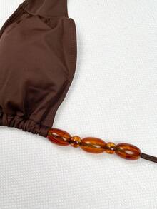 棕色优雅性感复古串珠镂空系带连体泳衣，胸部褶裥设计，纯色，适合春夏海滩度假、泳池派对、毕业典礼、生日派对和舞蹈等场合穿着。 - 棕色 - 查看 7