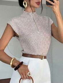 Áo len không tay cổ đứng, khóa kéo, kiểu dáng thanh lịch, đa năng dành cho nữ, hàng mới về mùa xuân/hè, thích hợp mặc đi chơi. - Màu be - Xem 3