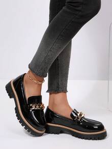 Giày lười nữ đế dày, mũi tròn, da bóng màu đen, thích hợp đi làm hàng ngày, đi học, phù hợp cho mọi mùa. - màu đen - Xem 5