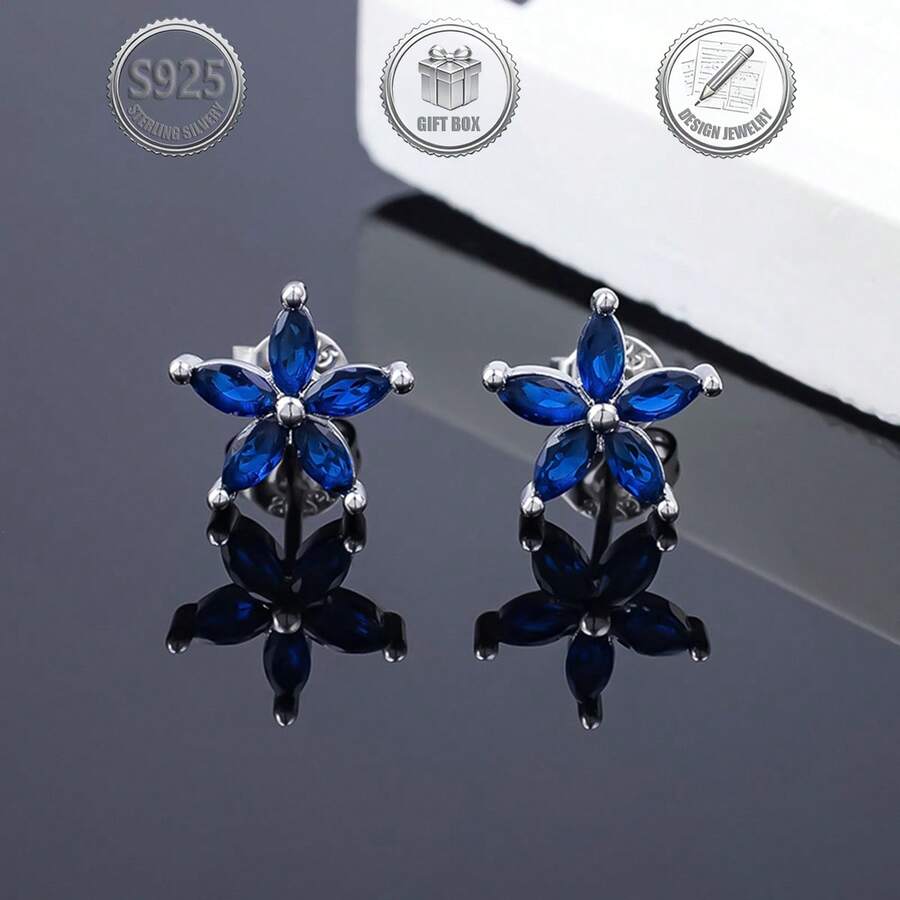 1 Pair Minimalist Elegant 925 Silver Flower Earrings Inlaid With Blue Synthetic Cubic Zirconia, Suitable For Daily, Party, Holiday, Date, Gift - Silver - View 1